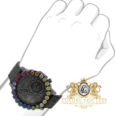 Pre-owned Ice Master Men's Black Prong Set Rainbow Multi Diamond Dial 2 Time Zone Chronograph Watch