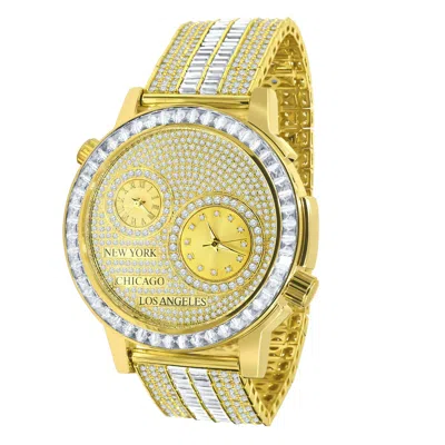 Pre-owned Ice Master Men's Genuine Diamond Gold Tone 2 Time Zone Chronograph Baguette Dial Band Watch