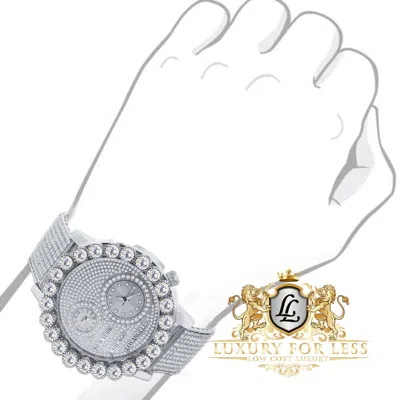 Pre-owned Ice Master Men's White Gold Tone Prong Set Real Diamond Dial 2 Time Zone Chronograph Watch