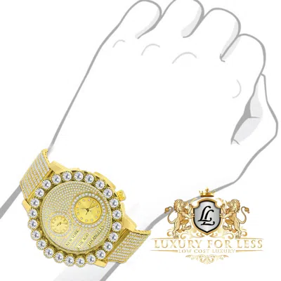 Pre-owned Ice Master Men's Yellow Gold Tone Prong Set Real Diamond Dial 2 Time Zone Chronograph Watch