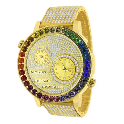 Pre-owned Ice Master Men's14k Gold Tone Diamond 2 Time Zone Chronograph Solitaire Rainbow Dial Watch