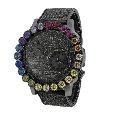 Pre-owned Ice Master Real Diamond Black Gold Tone Prong Set Rainbow Dial 2time Zone Chronograph Watch