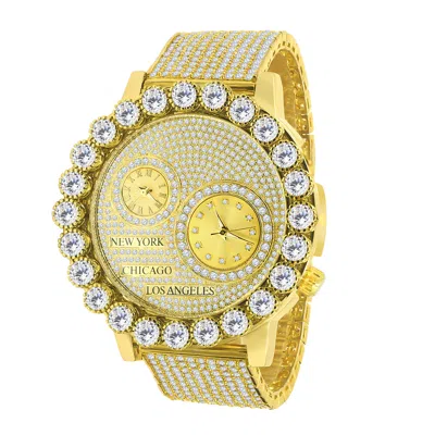 Pre-owned Ice Master Real Diamond Men's Gold Tone Prong Set Dial 2 Workin Time Zone Chronograph Watch