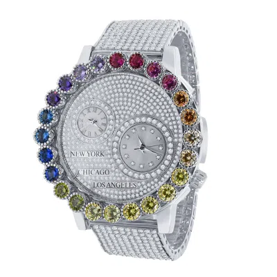 Pre-owned Ice Master Real Diamond Men White Gold 2 Time Zone Prong Set Dial Rainbow Chronograph Watch