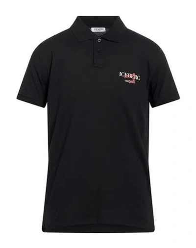 Iceberg Beachwear Man Polo Shirt Black Size Xxl Cotton, Elastane In Blue