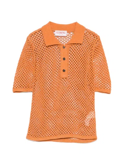 Iceberg Buttoned Open Knit Polo Shirt In Orange