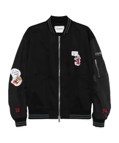 Iceberg Cartoon Printed Baseball Jacket In Black