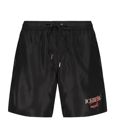 Iceberg Logo-print Drawstring Swim Shorts In Black
