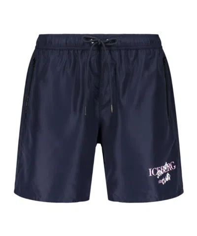 Iceberg Logo-patch Drawstring Swim Shorts In Blue
