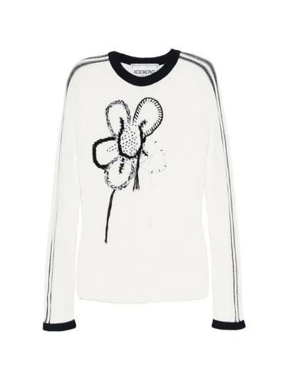 Iceberg Floral-embroidered Ribbed Sweater In White