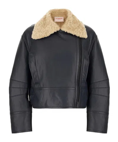 Iceberg Fur-collar Leather Jacket In Black