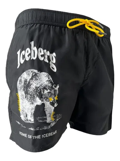 Iceberg Ice Bear Print Swim Shorts In Black
