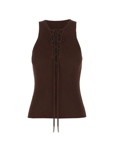 Iceberg Lace-up Ribbed-knit Top In Brown