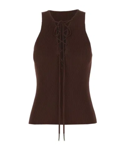 Iceberg Lace-up Ribbed-knit Top In Brown