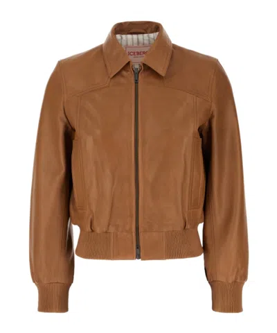 Iceberg Leather Bomber Jacket In Red