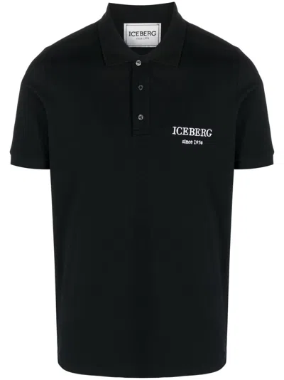Iceberg Logo-embroidered Cotton Polo Shirt In Black