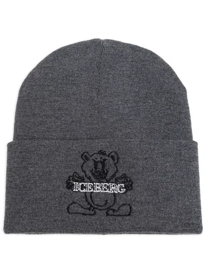 Iceberg Logo-embroidered Wool Beanie In Grey