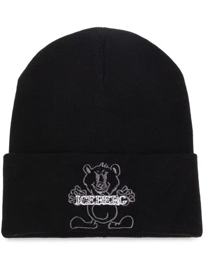 Iceberg Logo-embroidered Wool Beanie In Schwarz