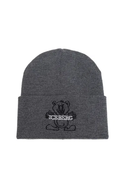 Iceberg Logo-embroidered Wool Beanie In Grey