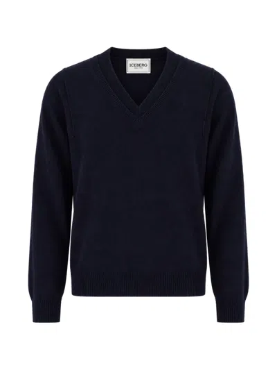 Iceberg Logo-embroidered V-neck Sweater In Blue