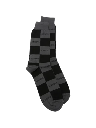 Iceberg Logo-print Checkered Socks In Gray