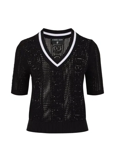 Iceberg Open-knit V-neck Sweater In Black