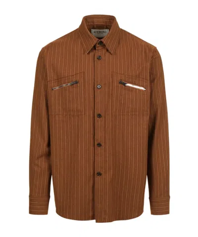 Iceberg Pinstripe Zip-pocket Shirt In Brown