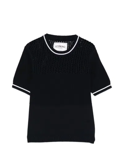 Iceberg Ribbed Hem Openwork Knit Mini Sweater With Contrast Trim - Short Sleeves Crew Neck In Black