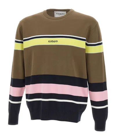 Iceberg Stripes And Logo Crew Neck Jumper In Brown