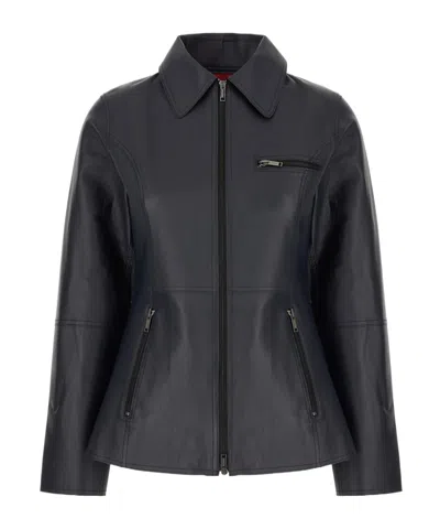 Iceberg Zippered Long-sleeved Leather Jacket In Black
