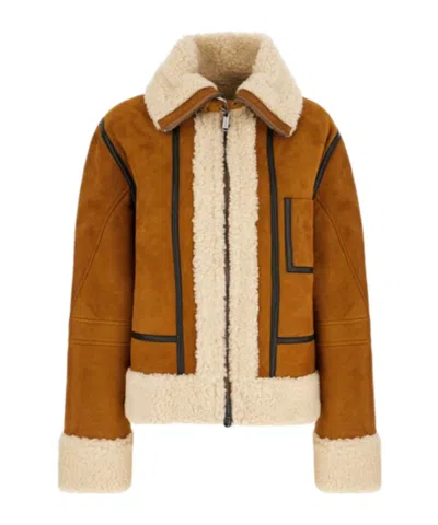 Iceberg Zippered Stripe Leather Jacket In Brown