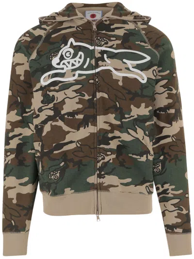 Icecream Camouflage Print Cotton Hoodie With Front Zip Closure In Green