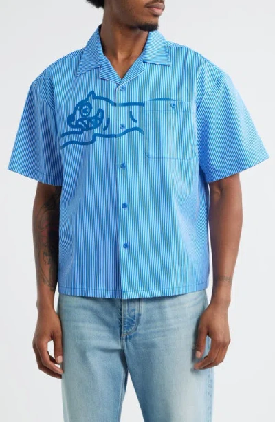 Icecream Decker Pinstripe Cotton Camp Shirt In Blue