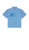 Icecream Decker Pinstripe Cotton Camp Shirt In Blue