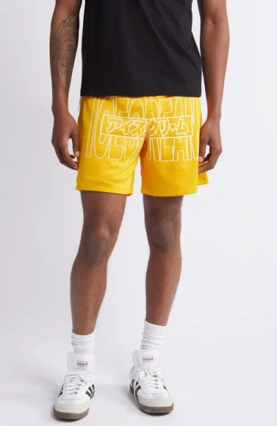 Icecream Katakana Reflective Mesh Shorts In Yellow