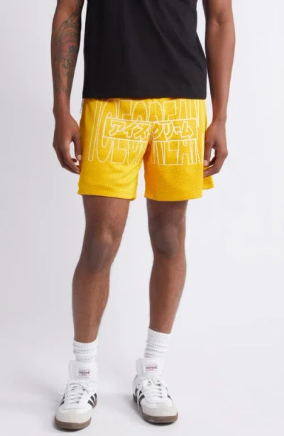 Icecream Katakana Reflective Mesh Shorts In Gold Fusion