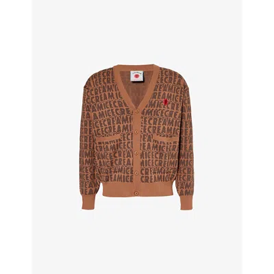 Icecream Mens Brown Text-print V-neck Cotton And Wool-blend Knitted Cardigan