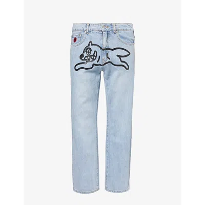 Icecream Mens Light Blue Black Running Dog Graphic-print Straight-leg Regular-fit Jeans