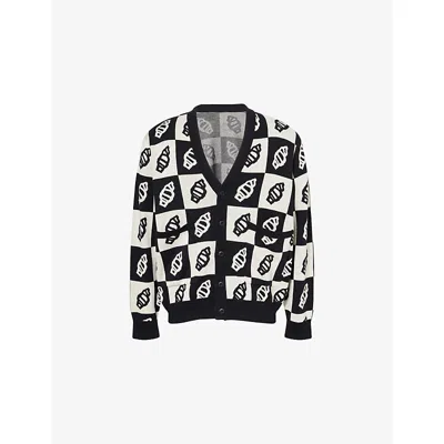 ICECREAM MENS BLACK CHECKERBOARD V-NECK COTTON AND WOOL CARDIGAN XL