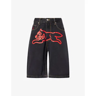 Icecream Mens Black Running-dog Graphic-print Denim Shorts