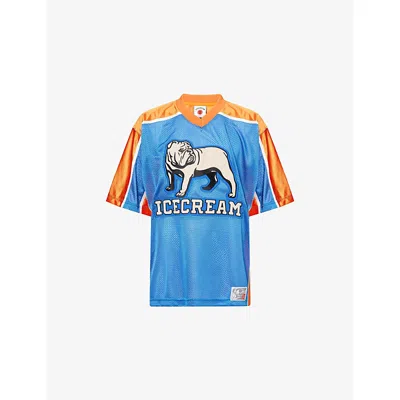 Icecream Mens Blue Bulldog Logo-embroidery Football Jersey Top