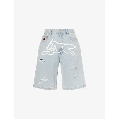 Icecream Mens Heavy Wash Blue Running Dog Distressed Denim Shorts
