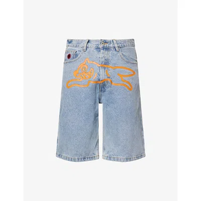 Icecream Mens Heavy Wash Blue Running Dog Regular-fit Faded Denim Shorts
