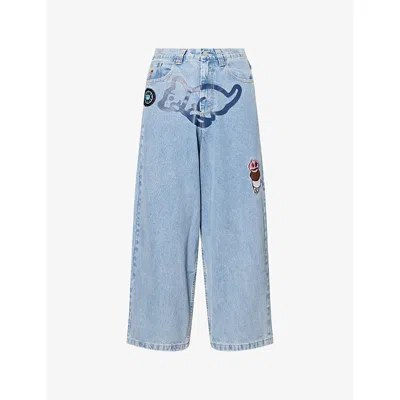 Icecream Mens Heavy Wash Blue Running Puppy Triple Scoop Wide-leg Denim Jeans
