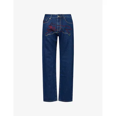 Icecream Mens  Embellished Running-dog Straight-leg Denim Jeans In Blue