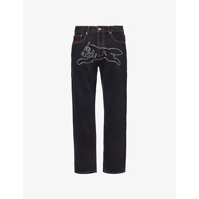 Icecream Mens Rhinestone Running Dog Straight-leg Regular-fit Denim Jeans Black