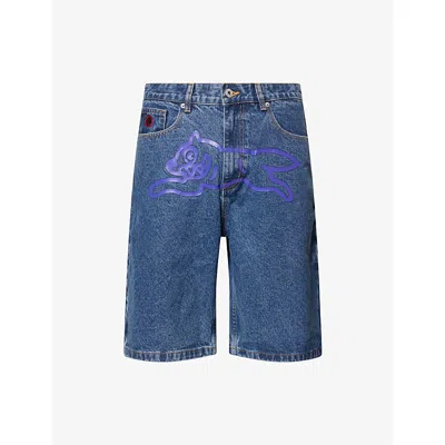 Icecream Mens Running Dog Regular-fit Denim Shorts Mid Wash Blue