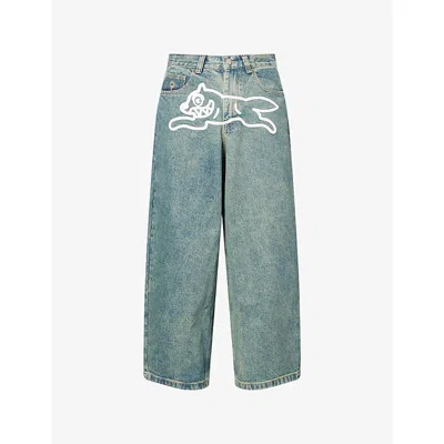 Icecream Mens Vintage Wash Running Dog Triple Scoop Wide-leg Denim Jeans In Blue