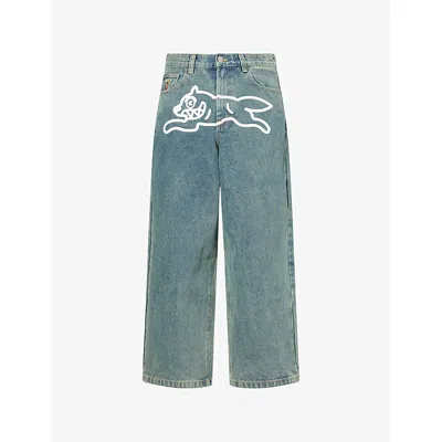 Icecream Mens Vintage Wash Running Dog Triple Scoop Wide-leg Cotton Denim Jeans In Blue