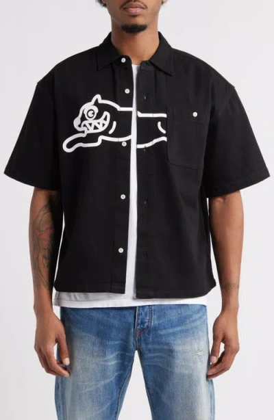 Icecream Running Dog Short Sleeve Denim Graphic Button-up Shirt In Black